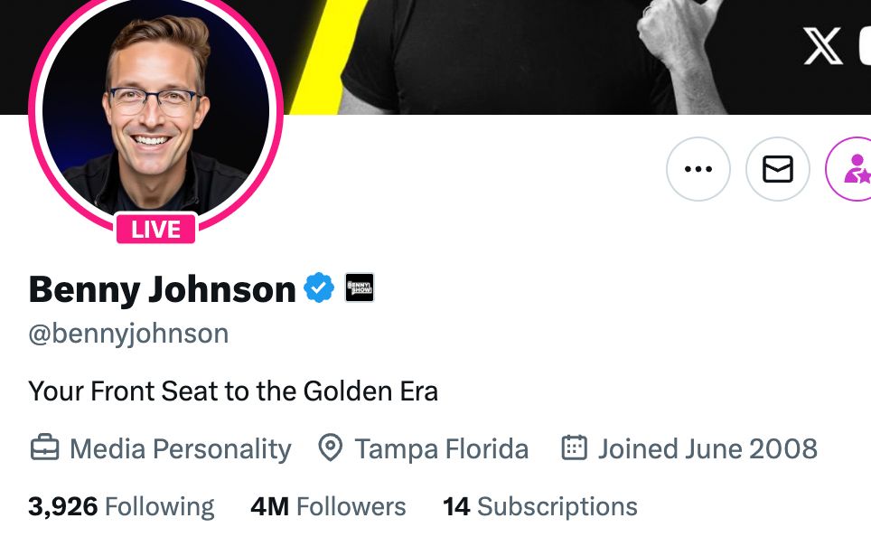Benny Johnson's twitter page showing that he has FOUR MILLION followers