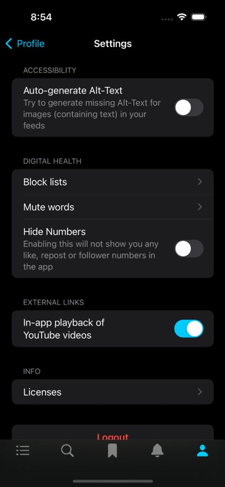 the settings menu in the skeets app. There is a new entry called "In-app playback of YouTube videos