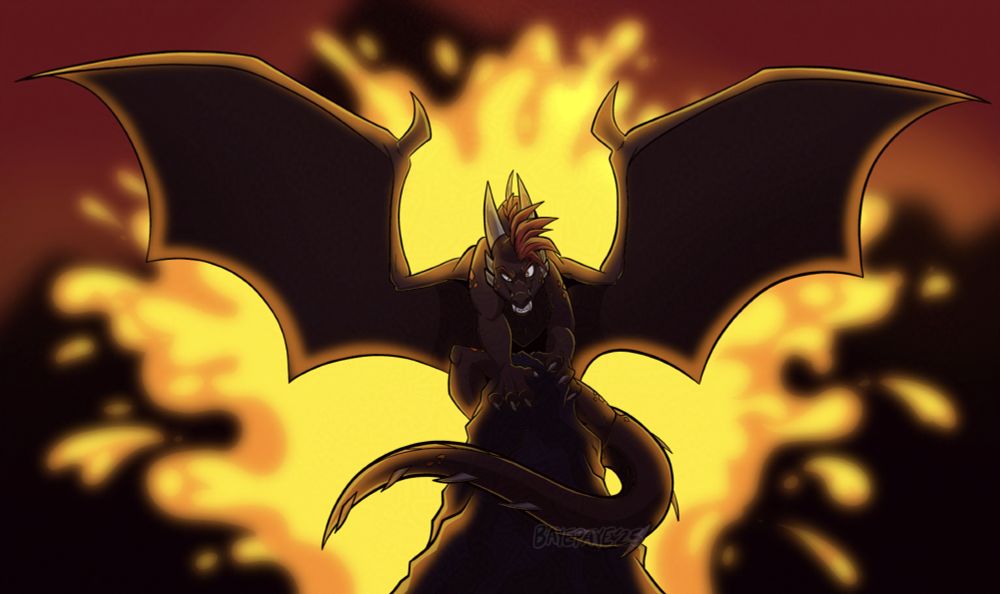 My dragon character, Flint looking at the viewer menacingly with a wicked smile, clutching to a rock while lava cashes onto it behind him, his wings outstretched behind him.