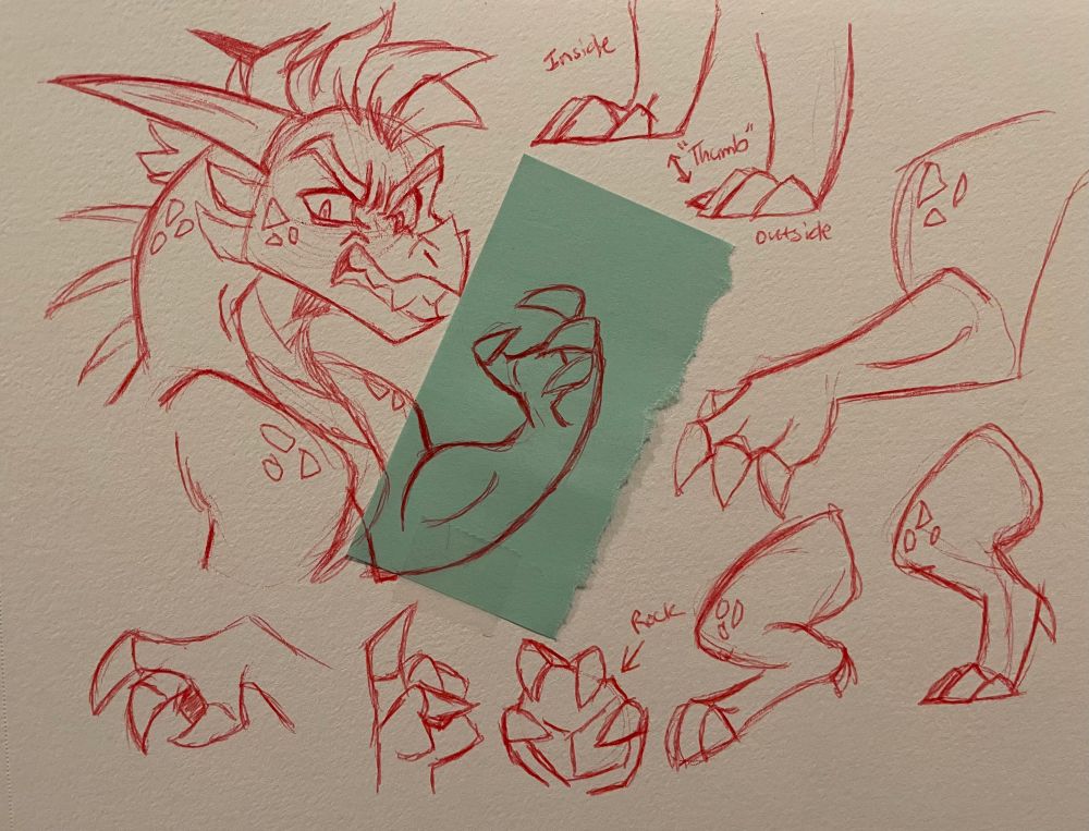 Red ballpoint drawings of a dragon bust (Flint my OC) and various poses of front and back legs, along with paw-handposes.