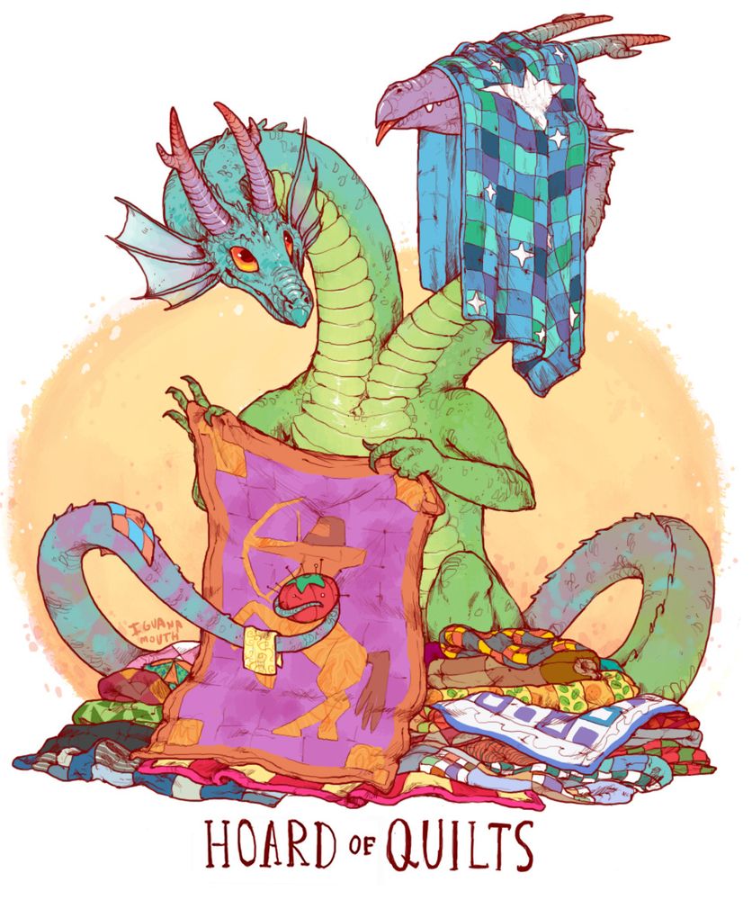 Title: "Hoard of Quilts" by Iguanamouth. A two-headed green dragon holds one quilt in its claws, while one of its heads is mostly covered by another. The dragon is sitting next to a large pile of quilts. 
