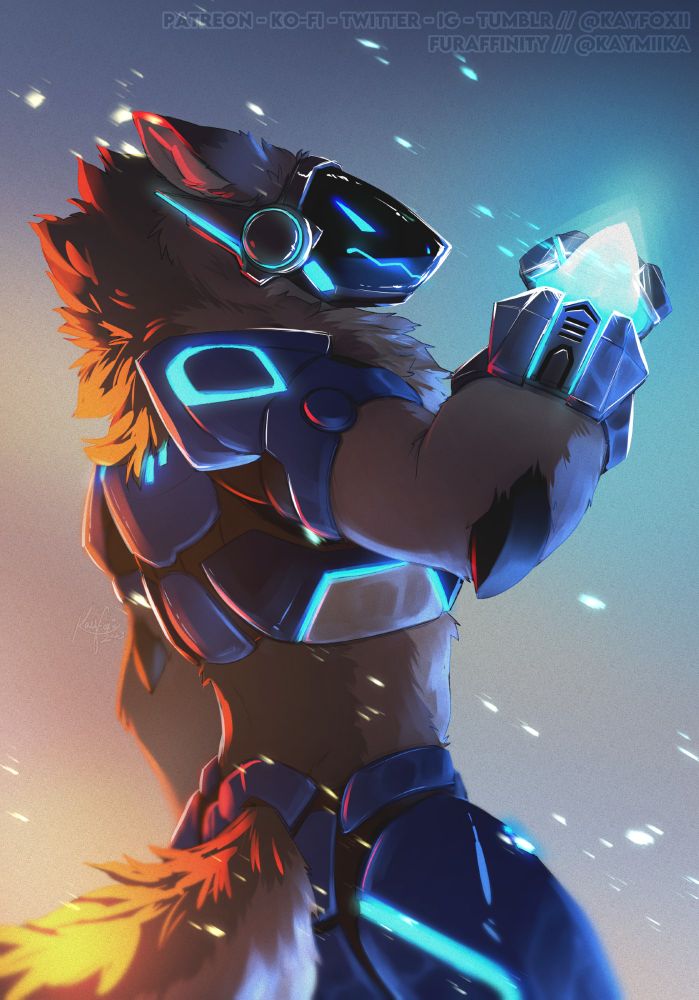 Protogen furry OC (Xenrax) holding his right arm up with a beam sword extending from his gauntlet. Scowling and looking generally like a badass. Art by Kayfoxii, 2023.