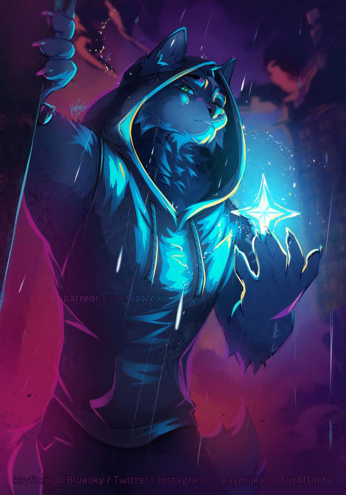 Sketchy illustration of a hooded anthro wolf, peering around an alleyway corner. He lights the way with a magic spell in his hand. Art by Kayfoxii, 2024.