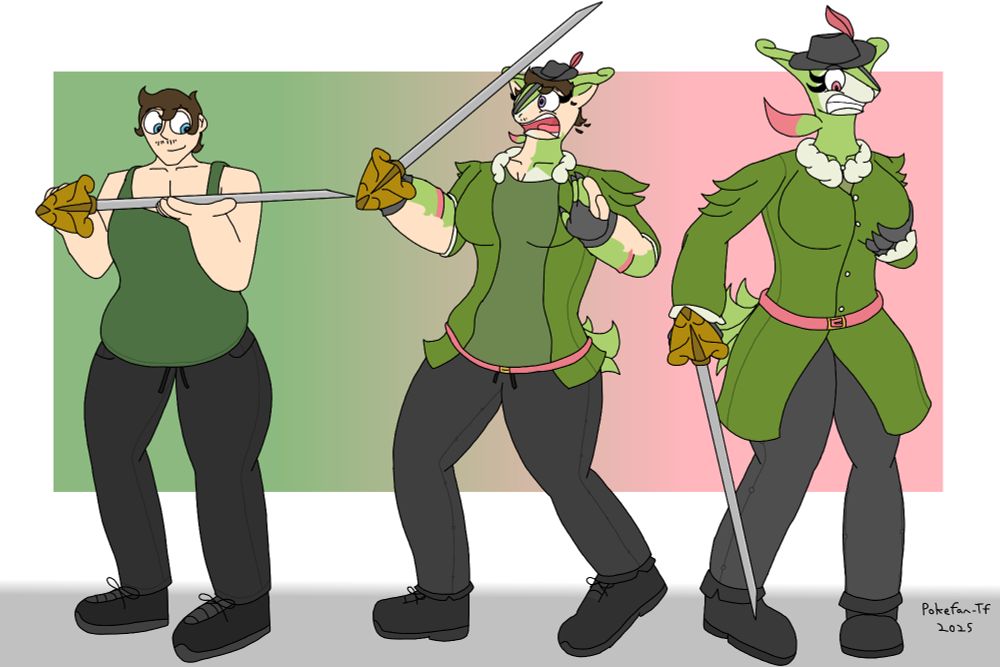 A transformation sequence of a man getting turned into an anthro Virizion woman, triggered by a sword. She looks shocked at the end.