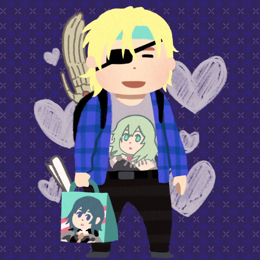 A chibi drawing of war phase Dimitri from Fire Emblem: Three Houses in a mint-bandana, unbuttoned blue plaid, and a grey graphics t-shirt with a drawing of green-haired female Byleth based on her dancer figure. He holds a shopping bag with another female Byleth on it based on the game promotion art, and wears a black backpack carrying Areadbhar. Dimitri has an open-mouthed smile and one of his eyes closed. Behind him are several purple hearts. The background is a deep purple pattern with X's and crosses.