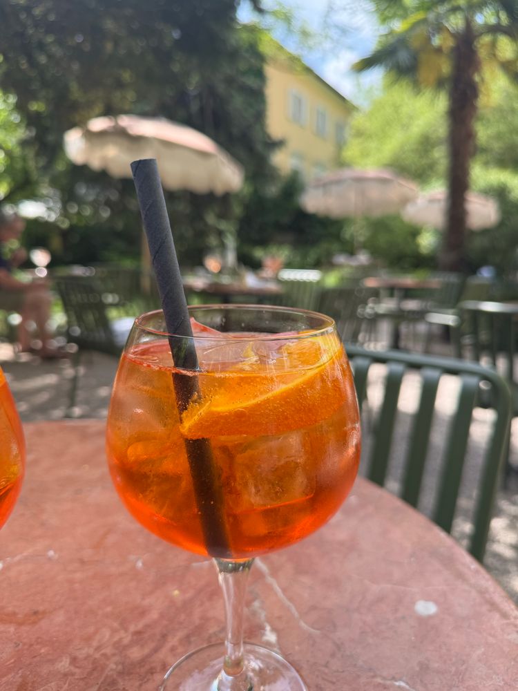 A glass of orange aperol sprizz in front of a green garden