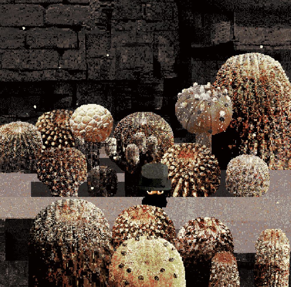 Un petit personnage habillé de noir entouré de cactus.
