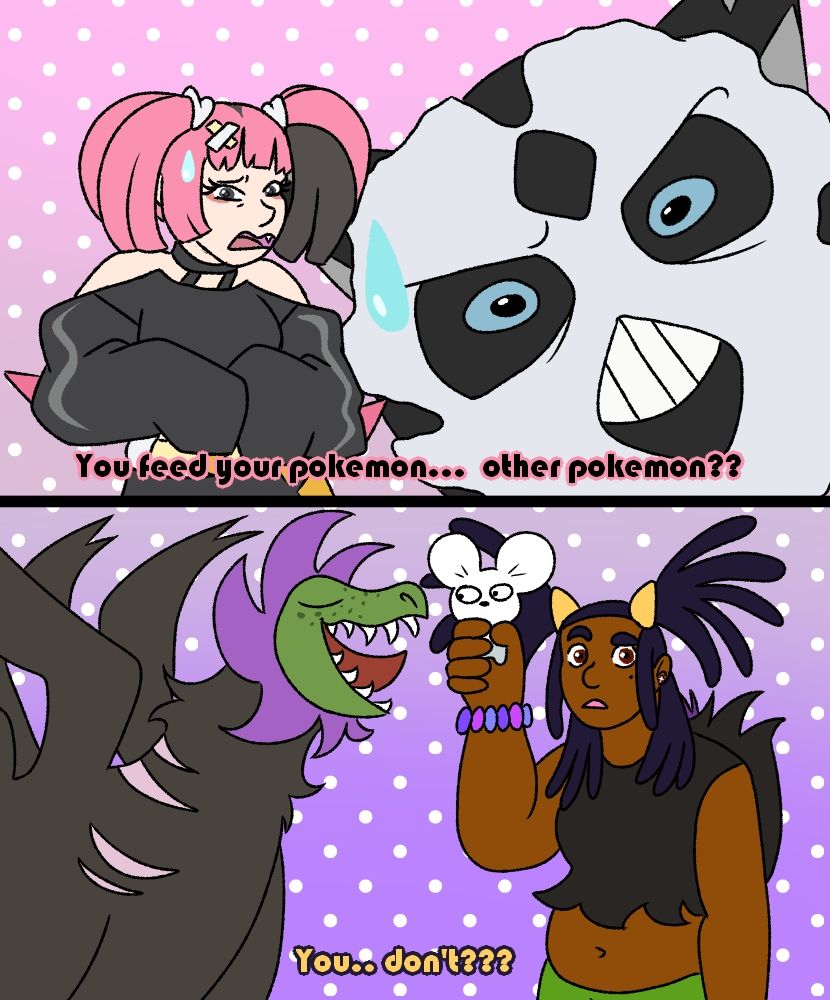 Coral from Pokémon horizons looking scared and disgusted asking Jubilee (fan oc) if she feed her Pokémon other Pokémon. Jubilee, caught in the middle of feeding a tandemaus to her shiny hydreigon named Avocado, asks "You dont??" While giving Coral a confused look.