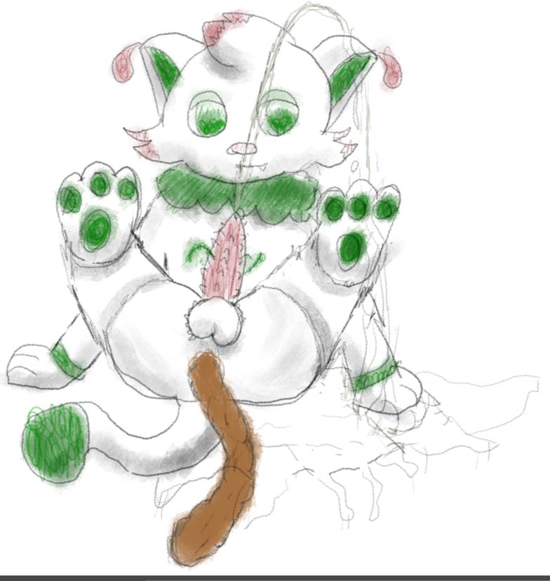 Anthropomorphic cat with its legs raised and exposing its anus, its penis is also erect and has a tiny dribble of precum on the tip, you can see the footpaw toe beans. it is looking at you casually. It is urinating and defecating just as casually.