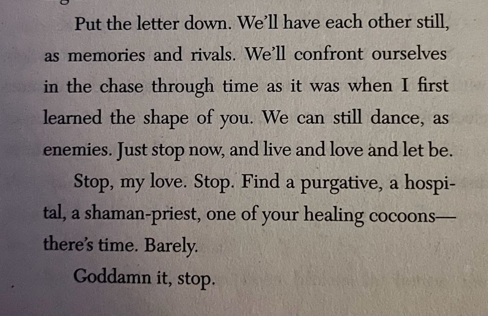 an excerpt from This is How You Lose the Time War (spoiler):
“Put the letter down. We'll have each other still, as memories and rivals. We'll confront ourselves in the chase through time as it was when I first learned the shape of you. We can still dance, as enemies. Just stop now, and live and love and let be.
Stop, my love. Stop. Find a purgative, a hospital, a shaman-priest, one of your healing cocoons-there's time. Barely.
Goddamn it, stop.”