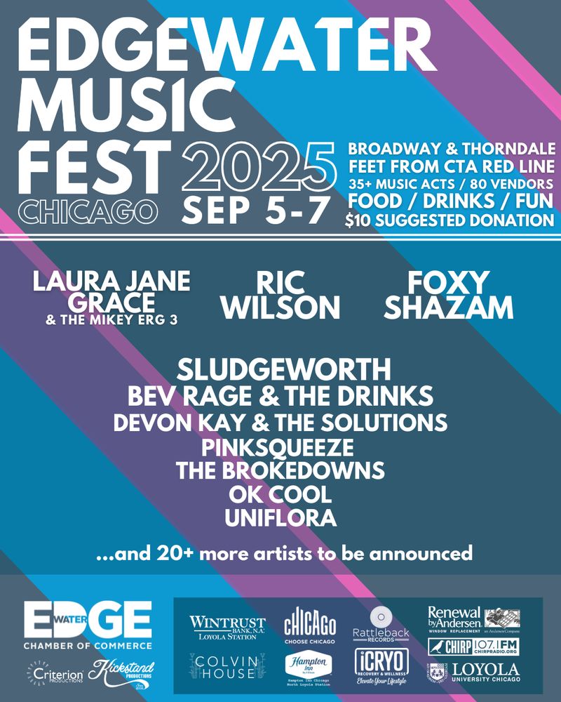 Poster advertising Edgewater Music Fest 2025 in Chicago from September 5th to 7th featuring Laura Jane Grace, Ric Wilson, Foxy Shazam, Sludgeworth, Bev Rage & The Drinks, Devon Kay & The Solutions, Pinksqueeze, The Brokedowns, Ok Cool and Uniflora. 