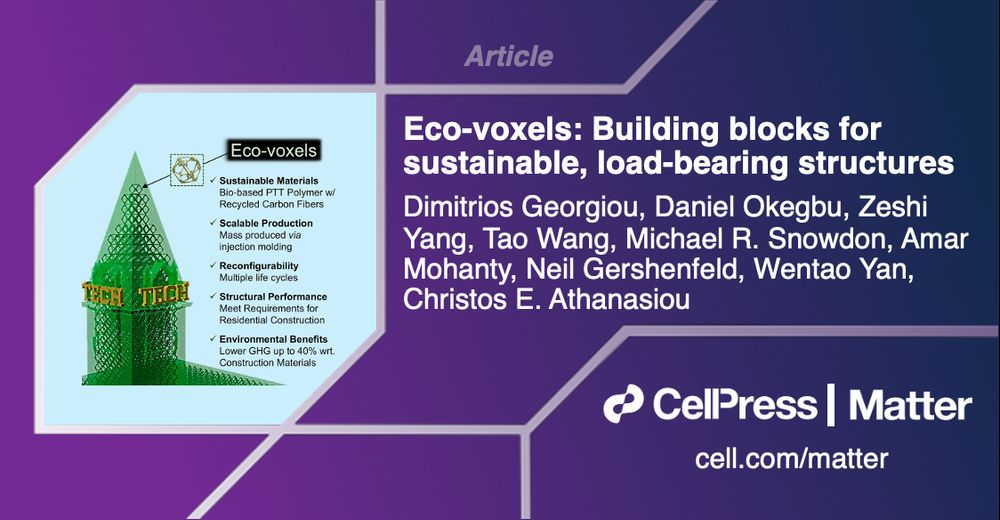 Article: Eco-voxels: Building blocks for sustainable, load-bearing structures by Dimitrios Georgiou, Daniel Okegbu, Zeshi Yang, Tao Wang, Michael R. Snowdon, Amar Mohanty, Neil Gershenfeld, Wentao Yan, Christos E. Athanasiou. Cell Press, Matter, cell.com/matter.