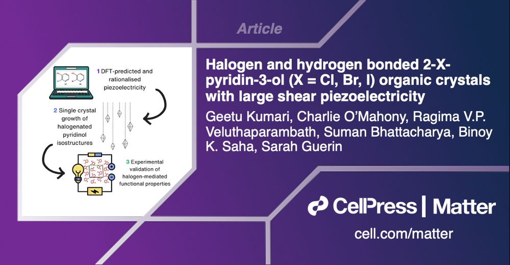 Article: Halogen and hydrogen bonded 2-X-pyridin-3-ol (X = Cl, Br, I) organic crystals with large shear piezoelectricity by Geetu Kumari, Charlie O’Mahony, Ragima V.P. Veluthaparambath, Suman Bhattacharya, Binoy K. Saha, Sarah Guerin. Cell Press, Matter, cell.com/matter.