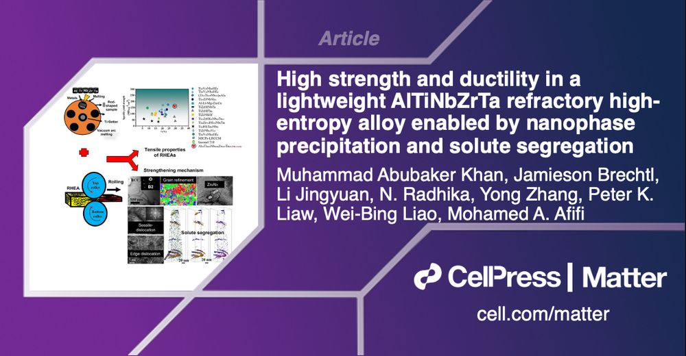 Article: High strength and ductility in a lightweight AlTiNbZrTa refractory high-entropy alloy enabled by nanophase precipitation and solute segregation by Muhammad Abubaker Khan, Jamieson Brechtl, Li Jingyuan, N. Radhika, Yong Zhang, Peter K. Liaw, Wei-Bing Liao, Mohamed A. Afifi. Cell Press, Matter, cell.com/matter.