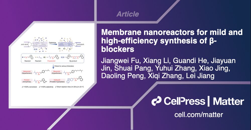 Article: Membrane nanoreactors for mild and high-efficiency synthesis of β-blockers by Jiangwei Fu, Xiang Li, Guandi He, Jiayuan Jin, Shuai Pang, Yuhui Zhang, Xiao Jing, Daoling Peng, Xiqi Zhang, Lei Jiang. Cell Press, Matter, cell.com/matter.