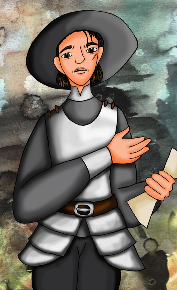 Female human in armor and gray clothes. Is holding some parchment. Her face is an expression of anxiety.