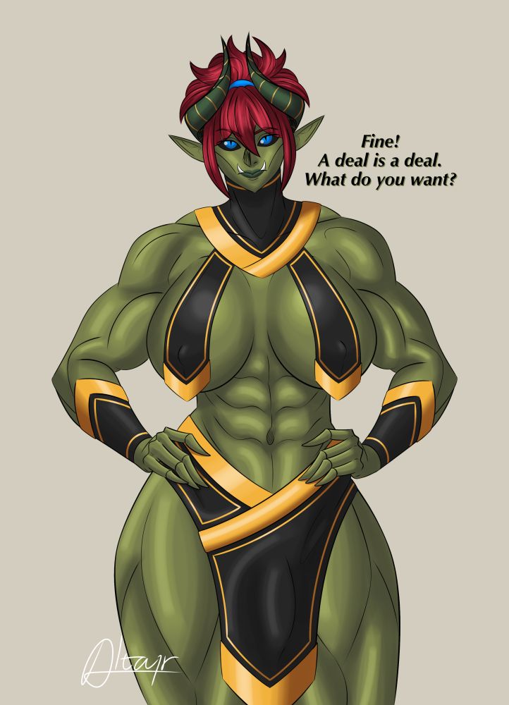breasts, and a modest bulge. She has two dark green horns curving up around her forehead, tied up dark red hair and bangs, black eyes with blue irises. She's scantily clad in black and gold attire, consisting of a top around her throat with cloth running down her breasts barely covering her nipples, a skirt covering her crotch, and two gauntlets around her forearms. She's standing with her hands on her hips and looks annoyed with the text "Fine! A deal is a deal. What do you want?".
