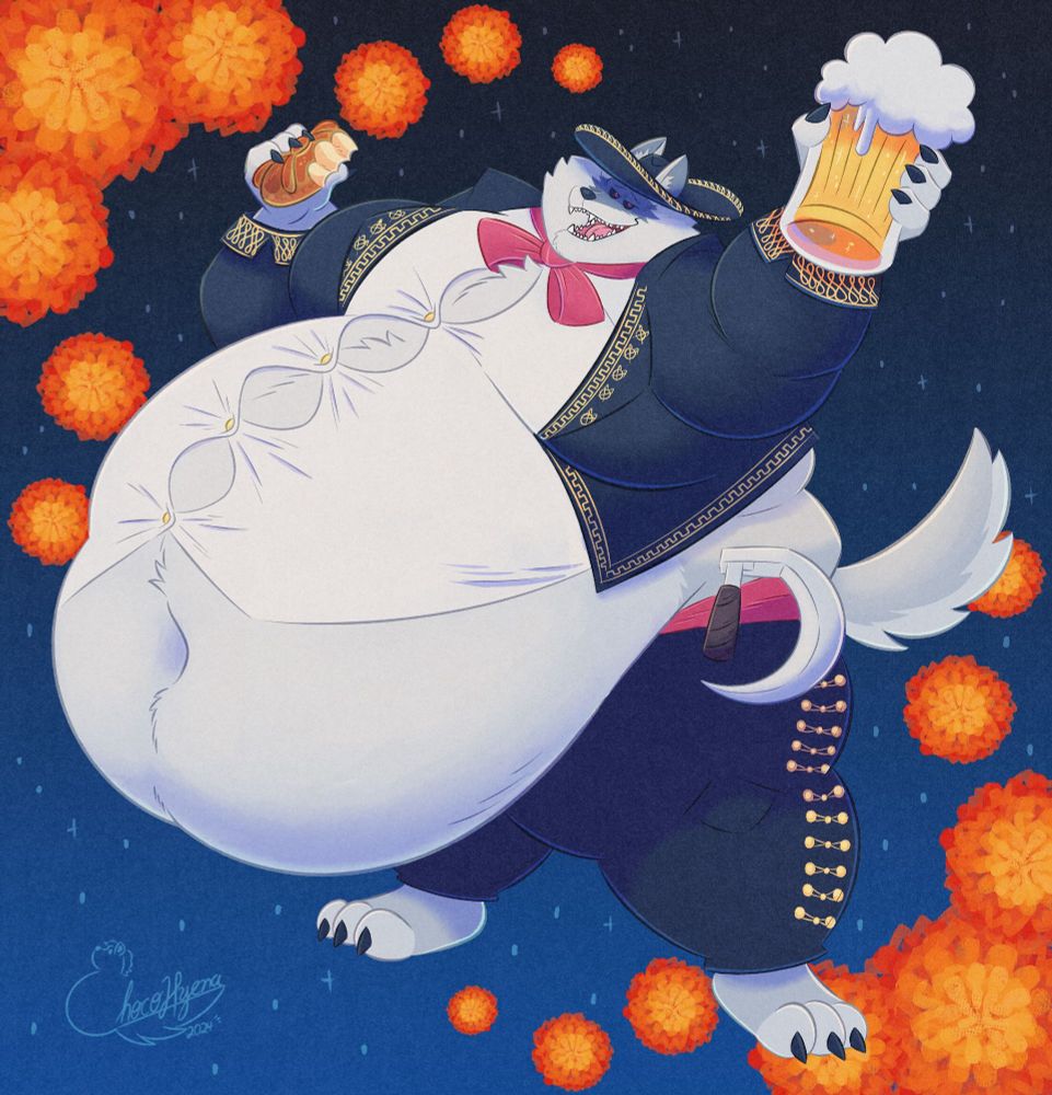 A pic of fat Lobo from puss in boots dressed as a mariachi celebrating dia de muertos, his shirt is about to burst due to a growing gut
