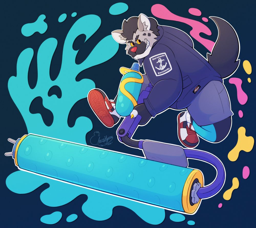 A digital drawing of an anthro hyena doing an horizontal flick with he splat roller from splatoon 3