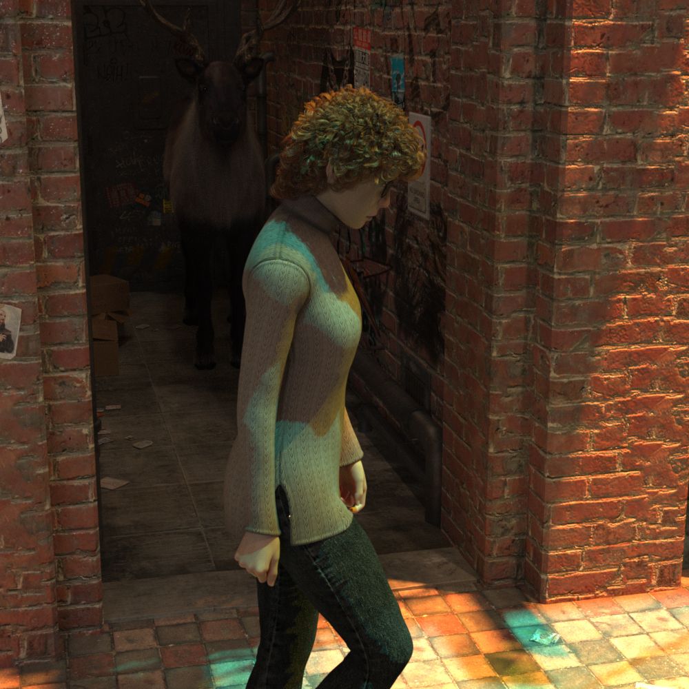 A woman is walking past the opening to a short dead-end alley between two brick buildings. Her head is partially lowered and she is obviously absorbed in her own thoughts.

In the alley, mostly in shadow, a full-size reindeer is standing watching her pass by.
