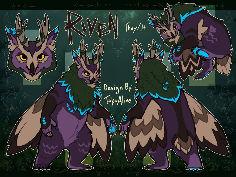 a big purple green and brown owlbear named Riven