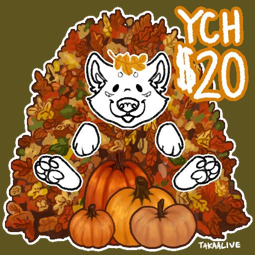 a character ych of a happy animal in a leafpile with pumpkins, YCH $20
