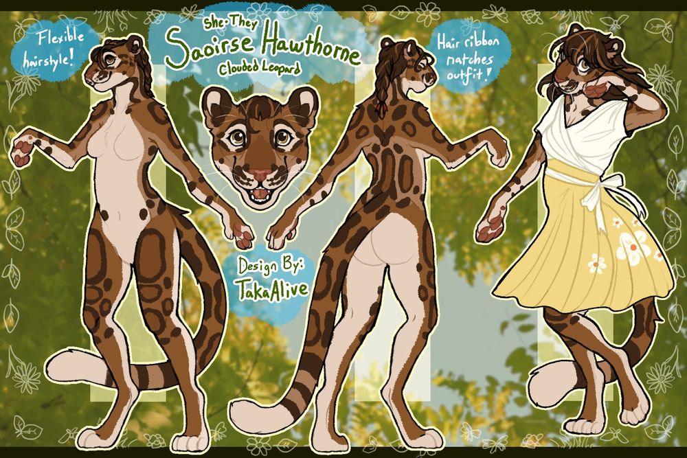 Saoirse Hawthrone, a clouded leopard pictured with a front/back view, a headshot, and her in a yellow and white sundress with a short sleeved top