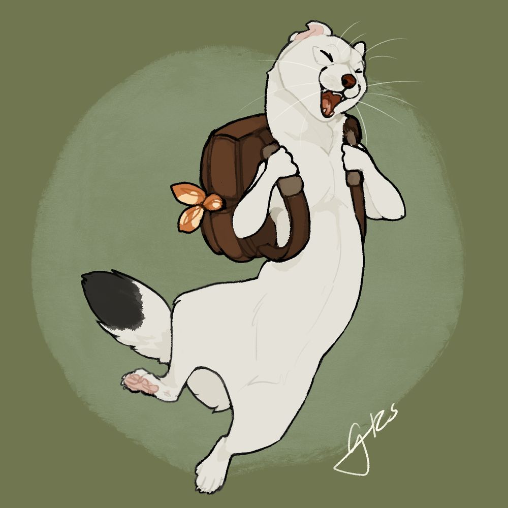 a happy stoat with a backpack and a little orange and cream bandana