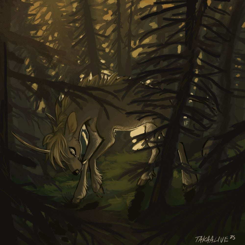 a wolficorn is moving grumpily through a dark forest