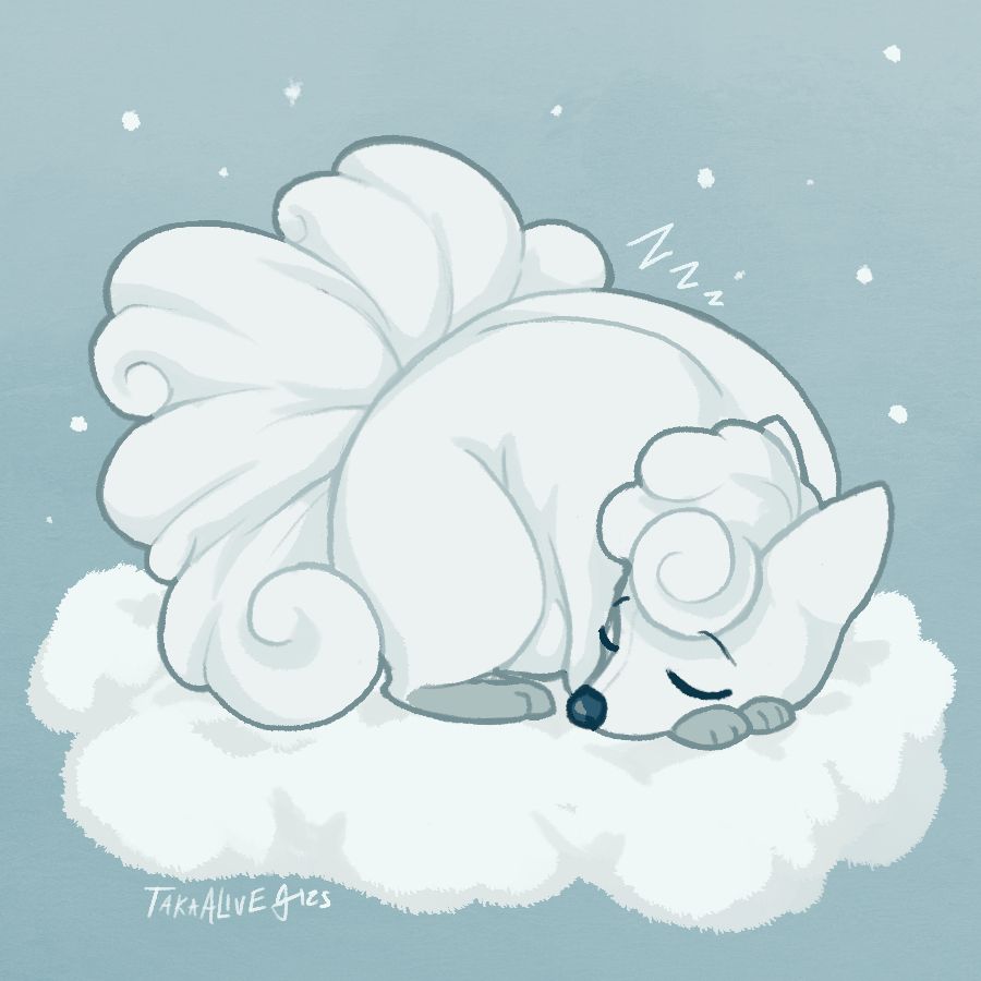 an alolan vulpix snoozing in a snow pile