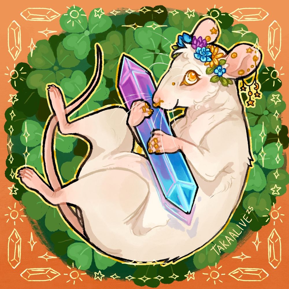 a mouse with a flowercrown over a patch of clover holding a large crystal- she has lots of golden piercings and rings 