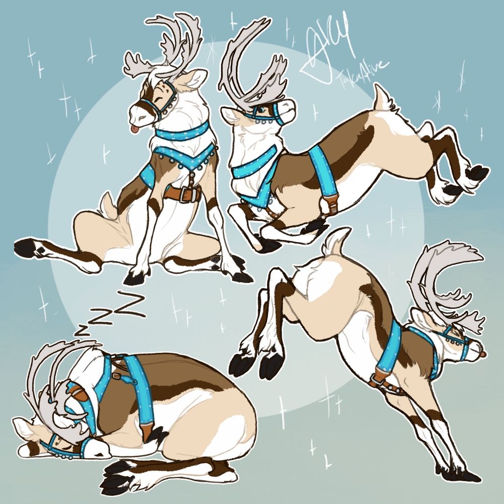 A cream and brown caribous with blue tack in various poses- drawing 