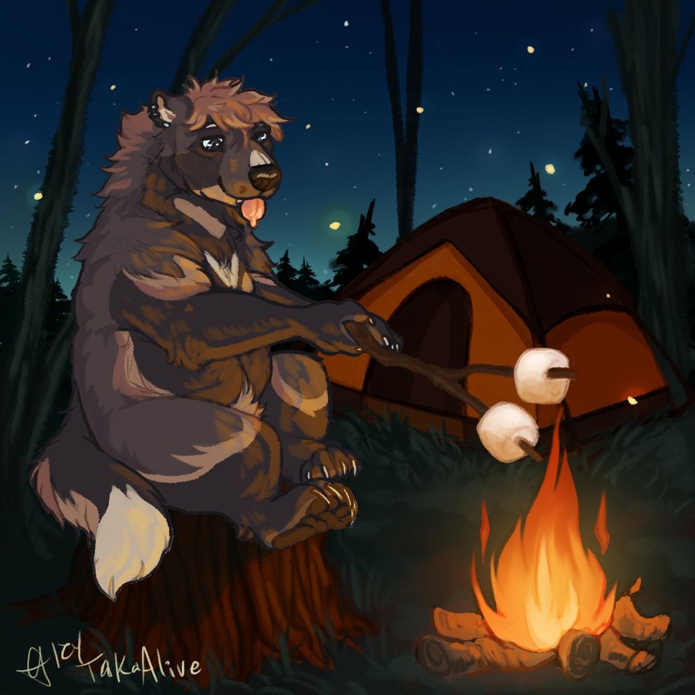 a wolverine sits on a stump late at night at a campsite, with a red tent behind them, roasting golden marshmallows on a campfire