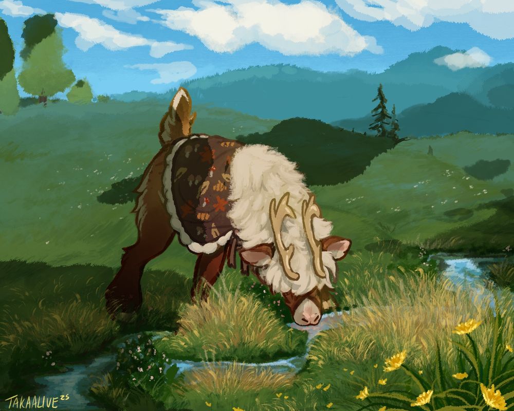 A reindeer-like creature drinking from a stream on a lush green mountain 