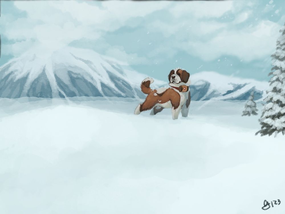 drawing of a saint bernard in a wide patch of snow with a big mountain behind him