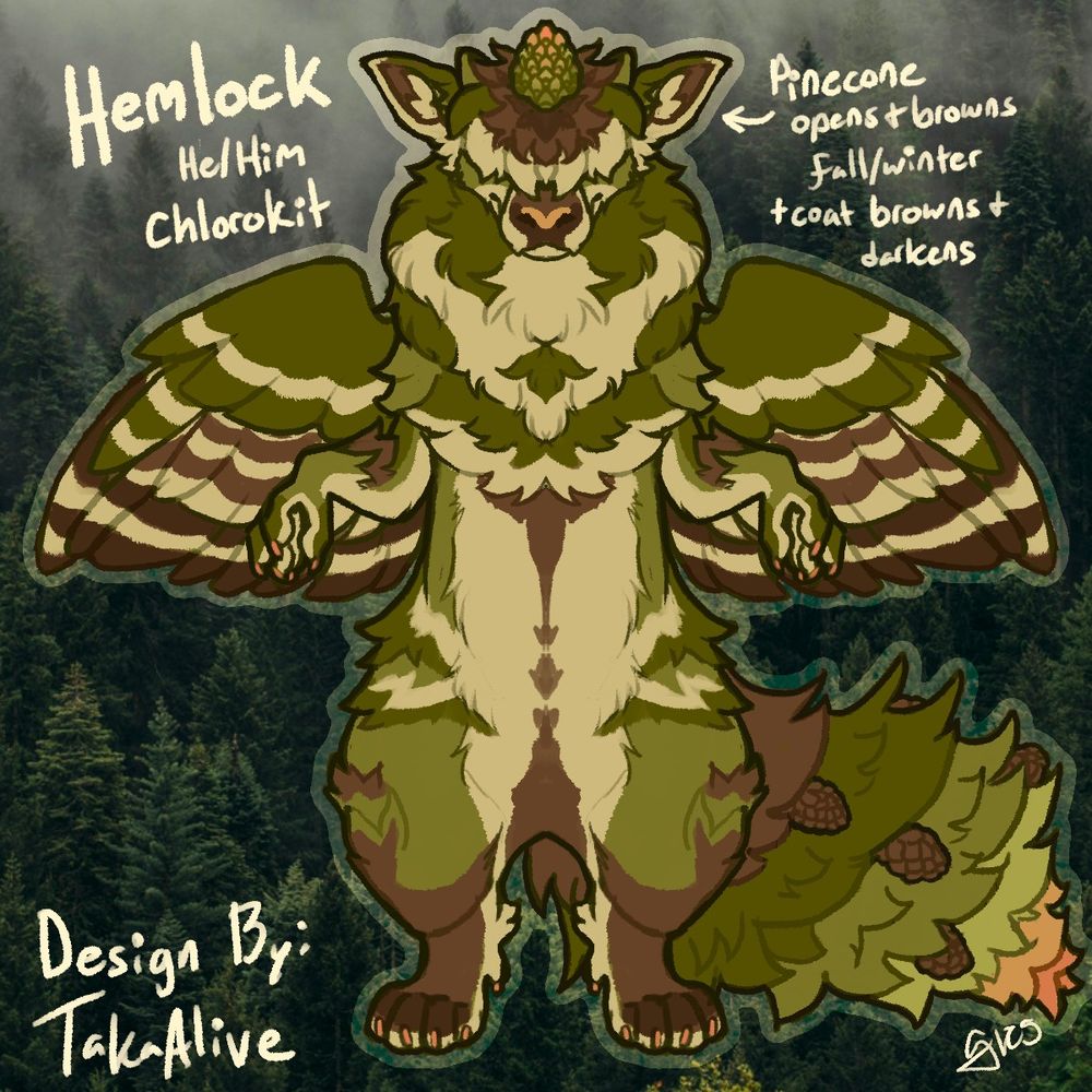 a pinecone themed fluffy dragonlike creature called a chlorokit. it's green, brown, and cream colored and decored with pinecones