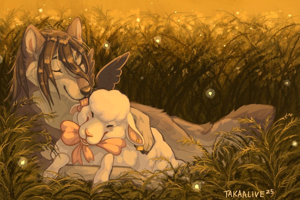 a winged wolf gently licks a happy white sheep with a big pink bow as they lay in tall grass surrounded by fireflies