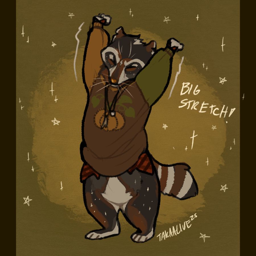 a dark phase raccoon doing a stretch in a big patterened sweatshirt and red flannel 