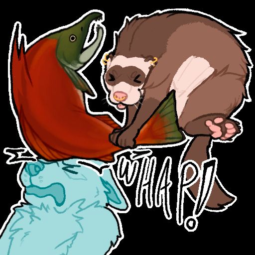 a ferret with piercings gives a distressed YCH canine an enthusiastic slap on the head with a giant salmon- the word WHAP! is shown for emphasis