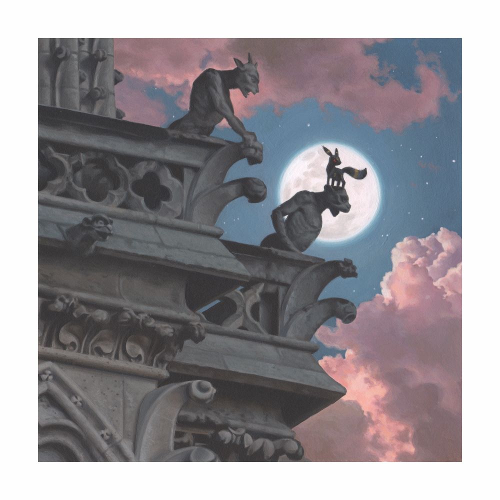 An umbreon standing on top of a gothic gargoyle silhouetted by a full moon. Billowing pink clouds are in the background 