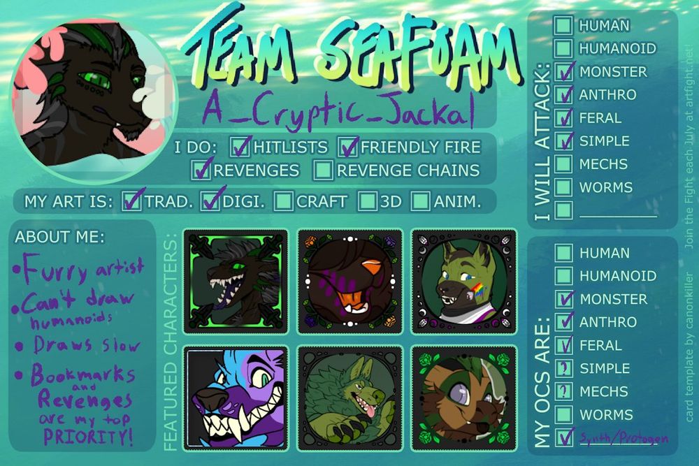 A filled out art fight card template, that is seafoam themed. 
A note from the poster; I am terribly sorry, there is too much to text on the image for me to describe. I’m very bad at describing pictures into words.