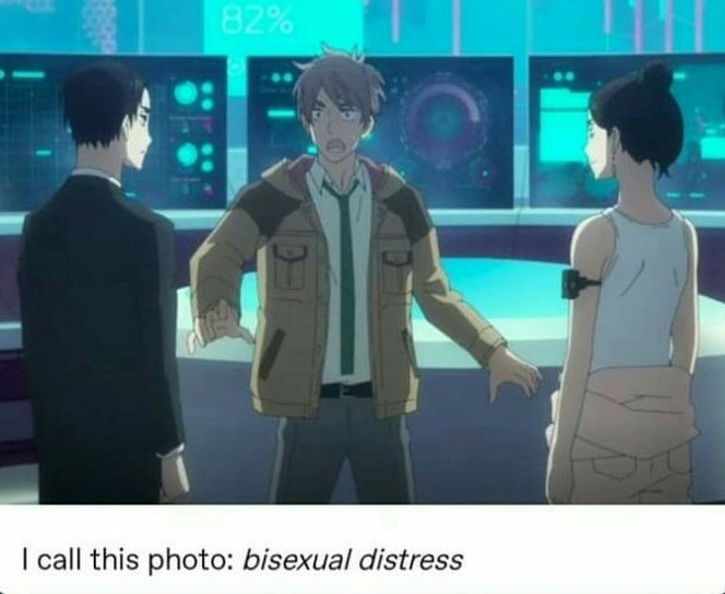 "Bisexual distress" as a guy is experiencing distress between a masc and femme character.