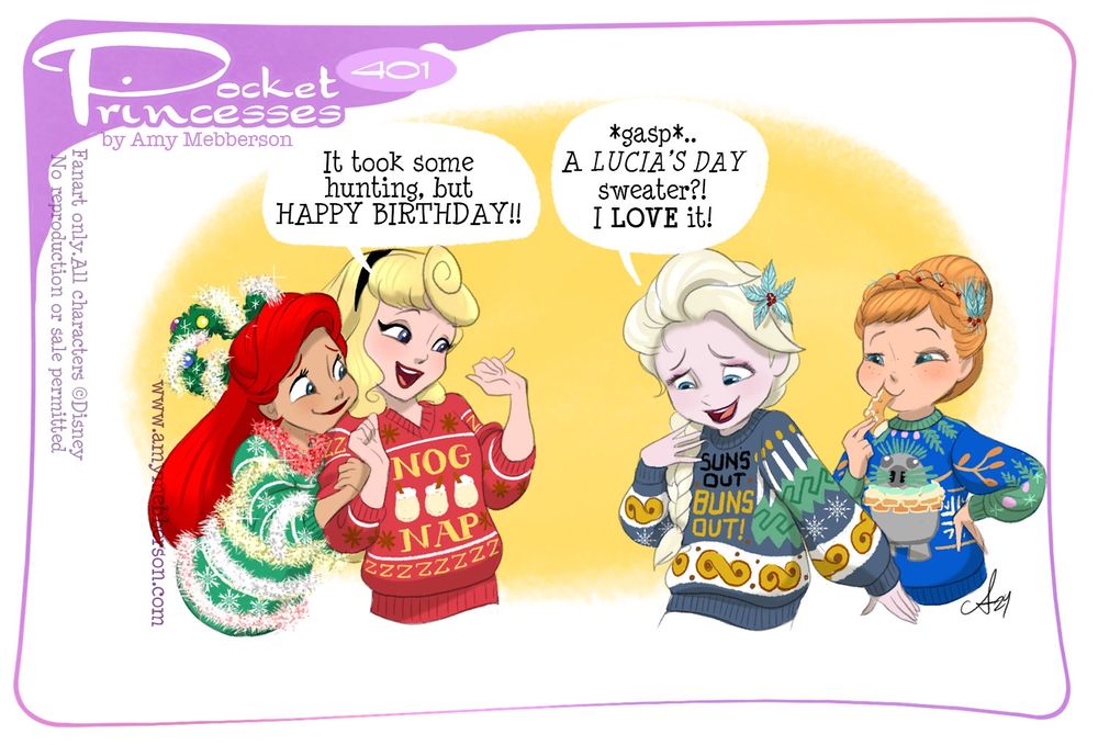 Elsa is getting her birthday present: an ugly sweater for St Lucia’s day. It has Sun’s Out Buns Out on it and is decorated with saffron buns and white candles. She loves it of course.
