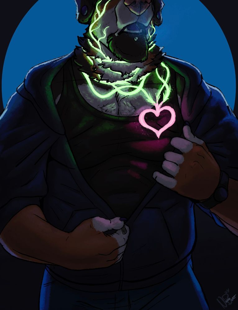 Dog furry wearing a hoodie and tank showing off neon colored heart with vines around neck.