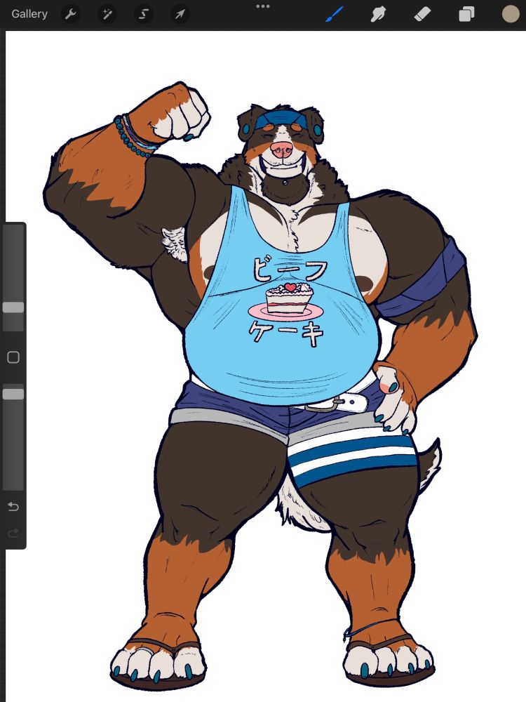 Big Anthro Bernese Mountain Dog with lots of muscle and beef. He's wearing a lot of blue with a big ol grin.