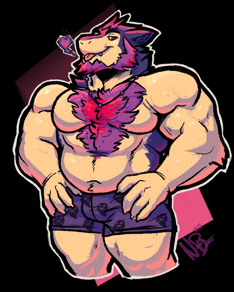 Drawing of an Anthro Hisuian Typhlosion, he is very muscled and posing for the camera with a cocky expression.