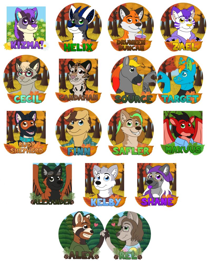 A compilation of 17 badges of various furry characters