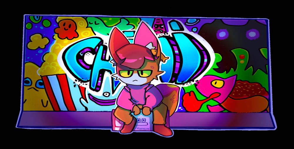 Depiction of a cartoony cat sitting on a boombox in front of a graffiti art wall 