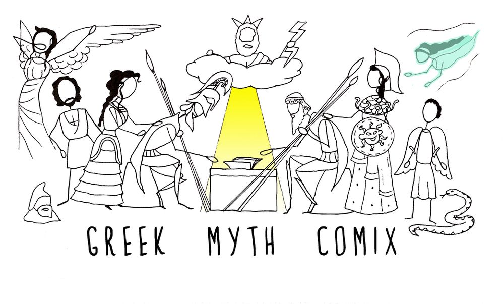 Greek Myth Comix header: lots of mythical characters leaning over to watch two soldiers reading a book under Zeus’ gaze