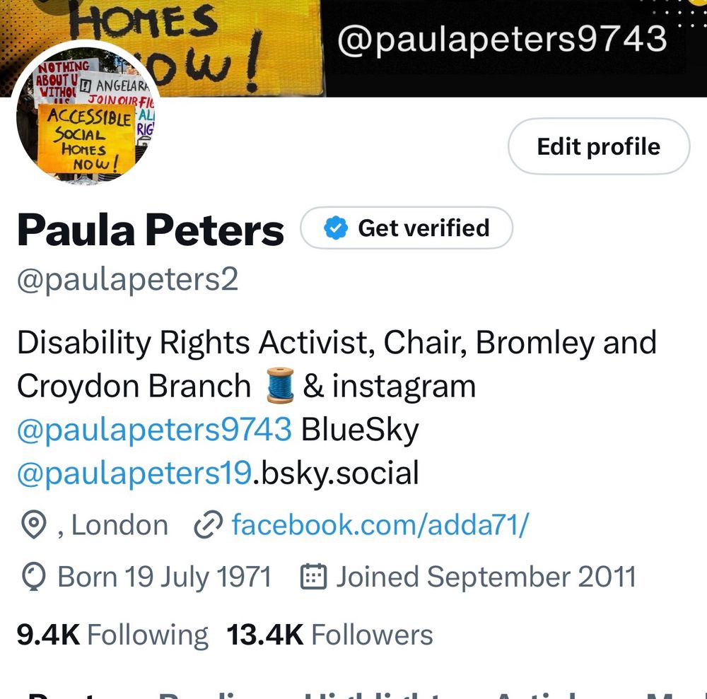 On a white background is the image of my X account my name @paulapeters2 disability rights activist and chair of Bromley and Croydon unite community branch 